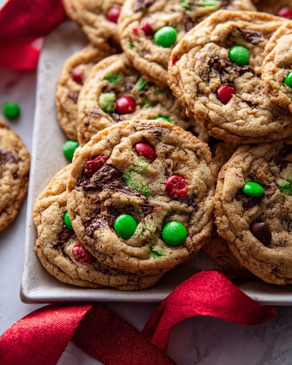 A close-up view of a pile of cookies with a rough, golden-brown texture and visible melted chocolate swirls inside. Each cookie is dotted with bright red and green candy pieces scattered on the top layer giving a festive look. The cookies are placed closely together on a white tray taken on a white marbled surface. A worn, bright red silky ribbon lies partially under and around the tray, adding a soft texture and color contrast photo taken with an iphone --ar 4:5 --v 7