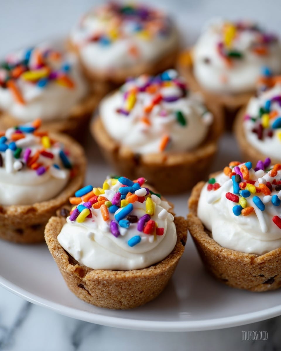 A close-up view of several small cookie cups arranged closely together on a white plate, each cup filled with a smooth, white creamy topping that rises slightly above the rim. The cookie cups have a textured, golden-brown color with a slightly rough surface. On top of the cream, there are colorful sprinkles in various shapes, including round and rod-like forms, in bright colors such as blue, red, green, yellow, orange, purple, and white, scattered evenly to add a festive look. The white plate is placed on a white marbled surface. photo taken with an iphone --ar 4:5 --v 7