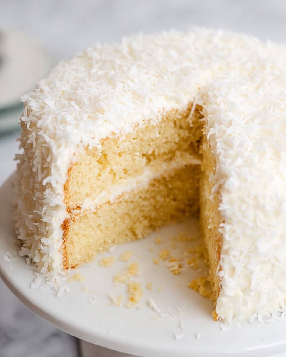 A two-layer round cake with light yellow sponge layers separated by a thin layer of white frosting. The outside is fully covered with white frosting and sprinkled with shredded coconut, giving it a textured look. The cake sits on a white plate on a white marbled surface, and a slice has been removed showing the inside layers clearly. Some crumbs are scattered on the plate near the cake. photo taken with an iphone --ar 4:5 --v 7
