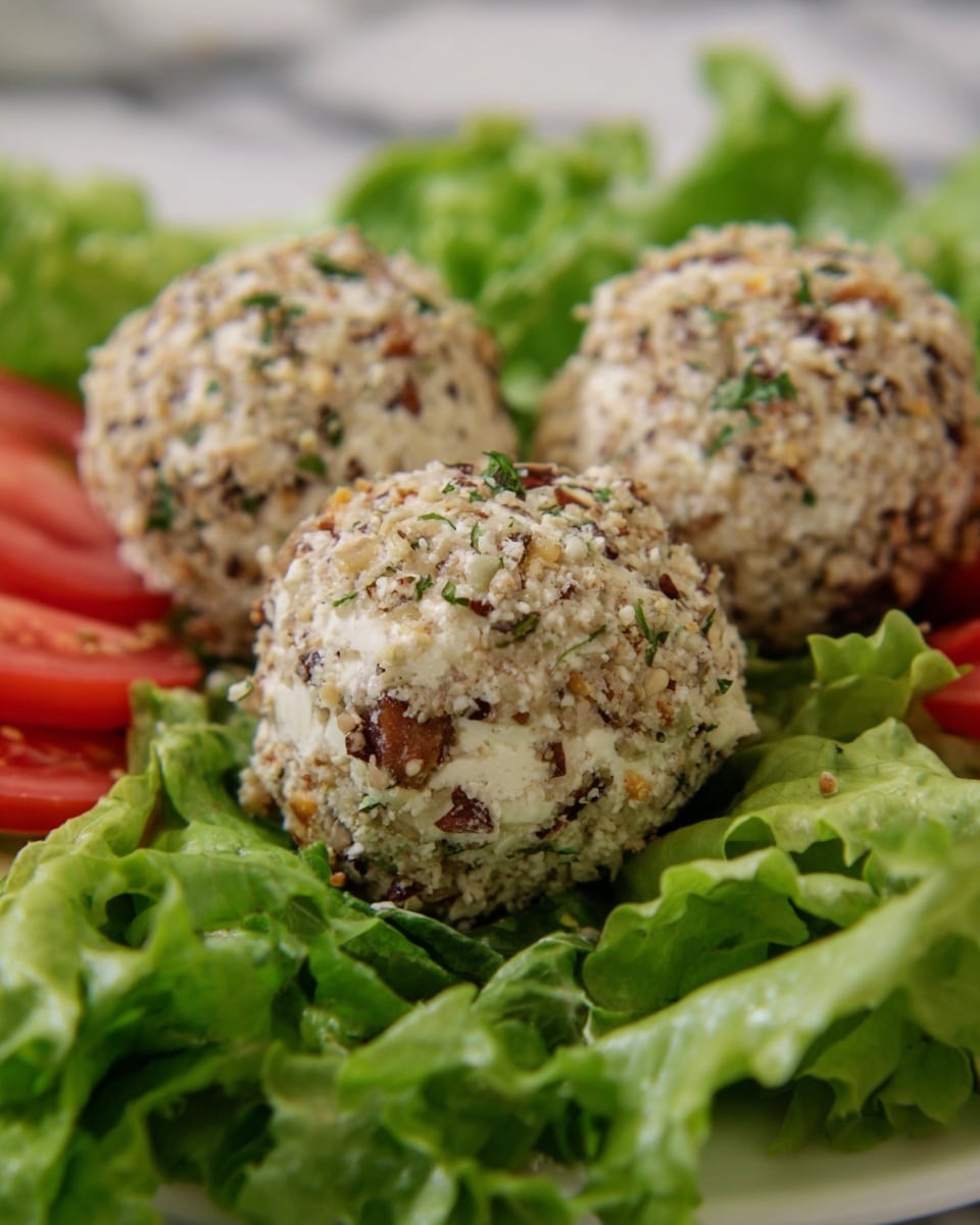 The image shows three round cheese balls coated with a crumbly mixture of nuts and herbs, giving them a textured off-white and green appearance. They are placed closely together on a bed of fresh, bright green leafy lettuce. Behind the cheese balls, there are slices of red tomatoes partially visible, adding vivid color contrast. The overall presentation is on a white plate, and the background is a white marbled texture. The photo is clear, focusing on the cheese balls with a slight blur on the lettuce and the tomatoes behind. photo taken with an iphone --ar 4:5 --v 7