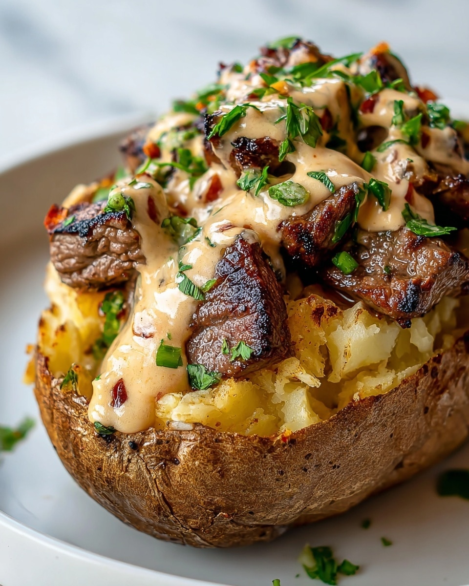 A close-up of a white plate holding a roasted portobello mushroom cap filled with three layers: the bottom layer is the dark brown, slightly charred mushroom with grill marks, the middle layer is a thick, creamy light beige cheese sauce with small black pepper specks and bits of red pepper, topped with the third layer of chunky pieces of browned, seared beef scattered over the cheese. Bright green chopped parsley is sprinkled all over the dish with a few small red pepper pieces adding contrast. The background shows a white marbled texture. photo taken with an iphone --ar 4:5 --v 7