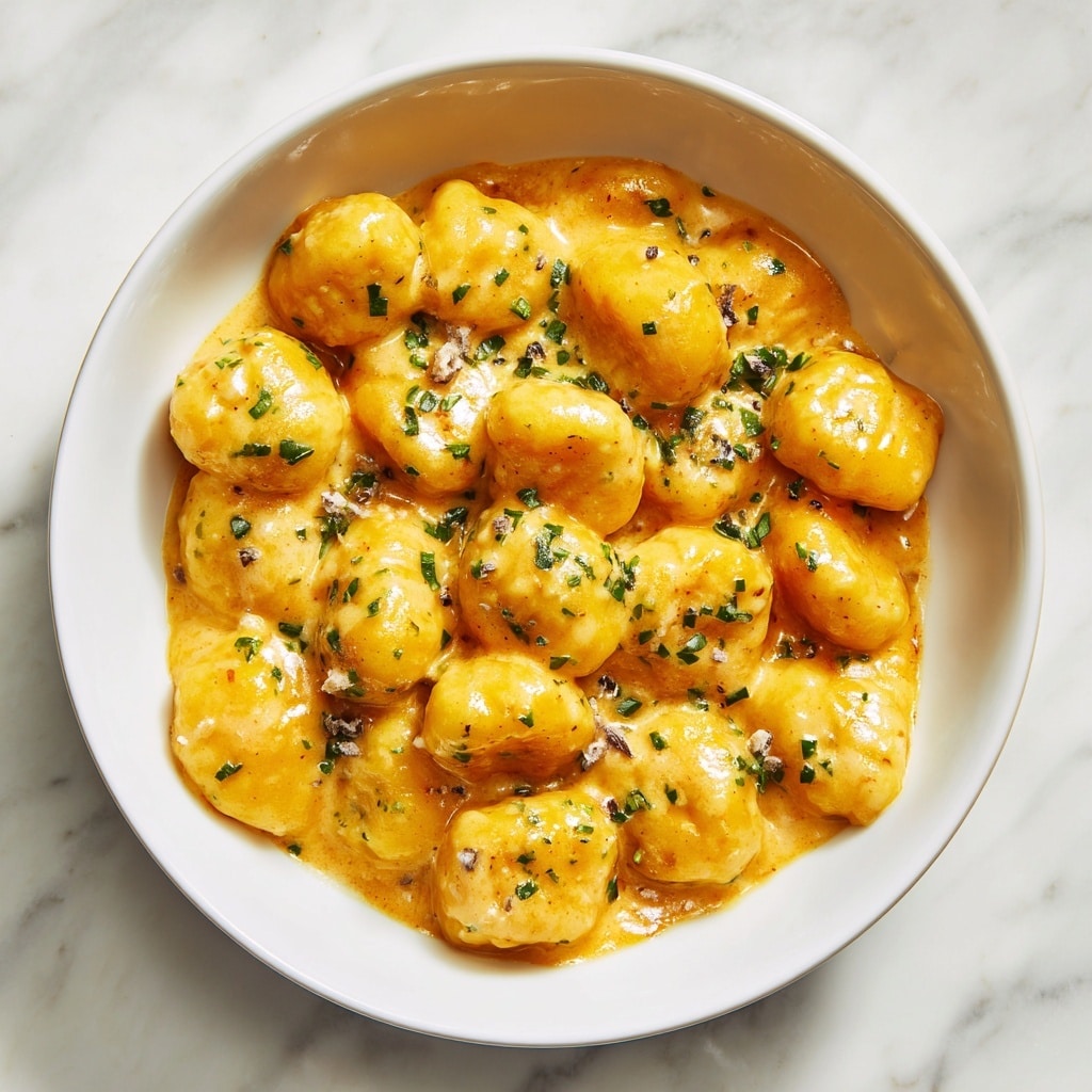 A white pan with a golden handle is filled with a smooth, creamy orange soup or sauce. The surface of the liquid is even with a slightly glossy texture, showing small bubbles and tiny bits within. The white marbled background adds a clean and bright contrast to the warm color of the soup or sauce inside the pan. photo taken with an iphone --ar 4:5 --v 7
