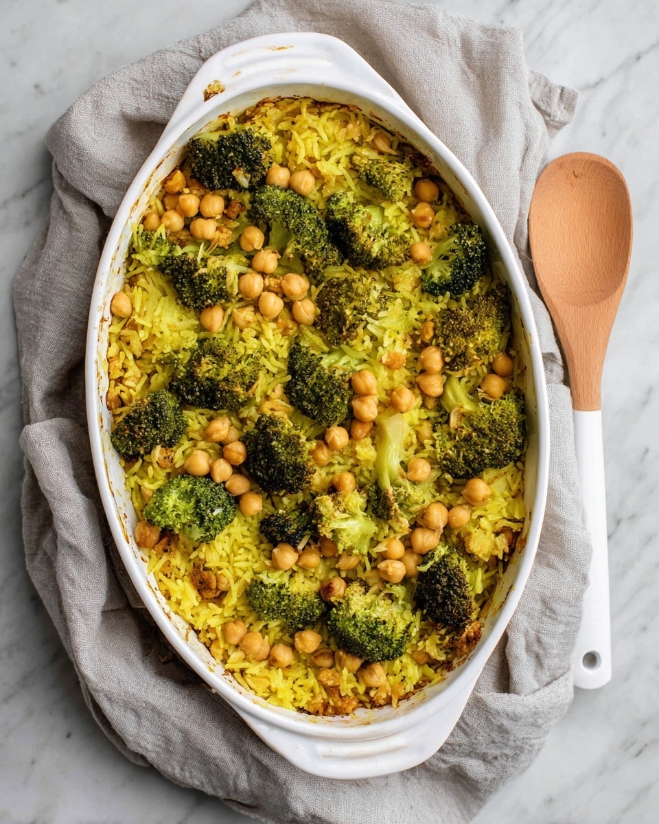 A white oval baking dish filled with a baked rice casserole topped with light green broccoli florets and light brown chickpeas scattered evenly over the yellow rice base, creating a textured and colorful mix. The dish sits on a light grey cloth that wraps around part of the baking dish, placed on a white marbled surface with a wooden spoon with a white handle lying next to it. The casserole looks warm and fresh with visible slight browning around the edges. photo taken with an iphone --ar 4:5 --v 7