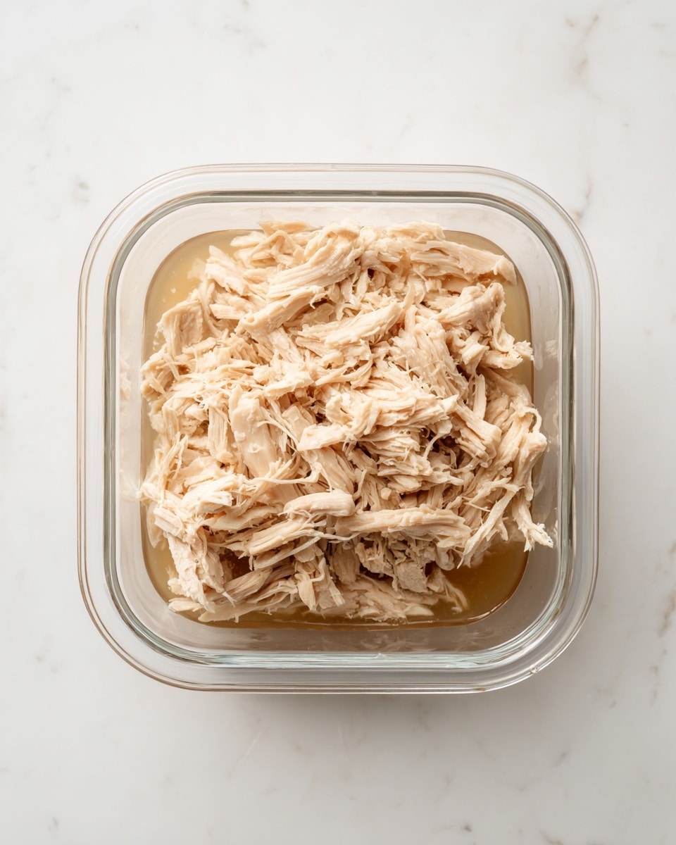 The image shows a single layer of shredded chicken in a clear square glass container. The chicken is light beige with a soft texture, sitting in a small amount of light brown broth at the bottom. The container is placed on a white marbled surface, creating a clean and simple background. photo taken with an iphone --ar 4:5 --v 7