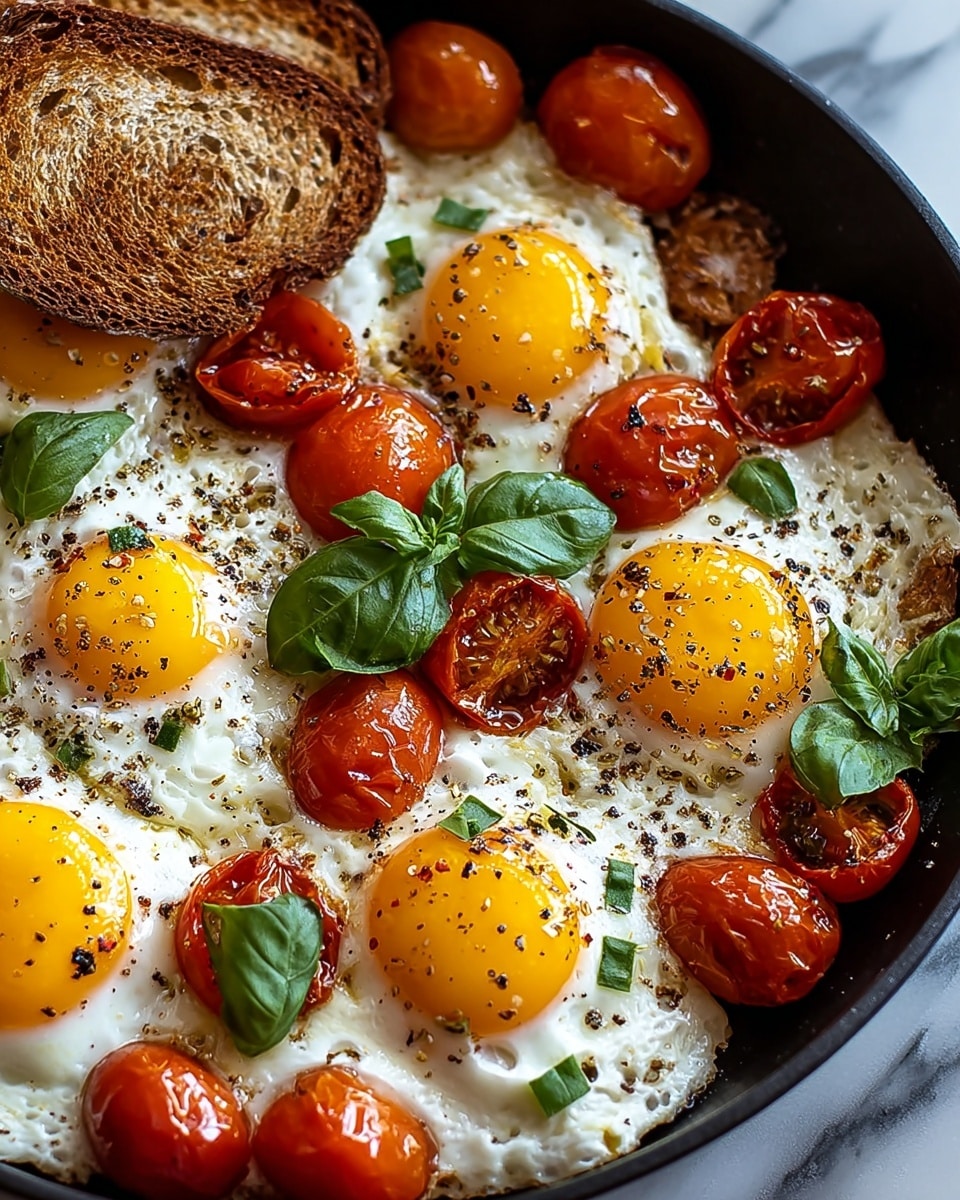 A skillet filled with six sunny-side-up eggs, each with a bright yellow yolk surrounded by firm white edges seasoned with black pepper and small green herb pieces. Scattered around the eggs are roasted cherry tomato halves showing juicy seeds and vibrant red color, and fresh green basil leaves adding a pop of color. On one side, there are toasted slices of brown bread resting against the eggs. The whole dish is presented on a white marbled surface. photo taken with an iphone --ar 4:5 --v 7