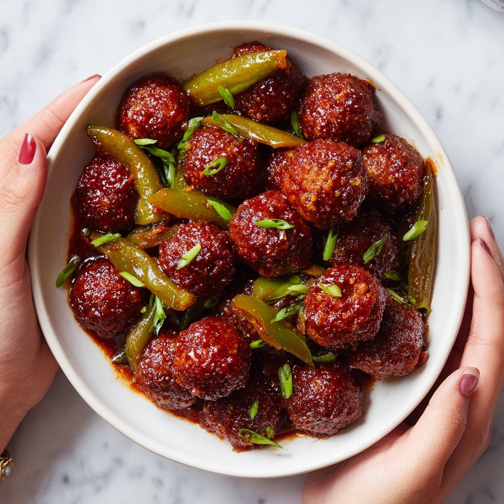 The image shows a white bowl filled with about fifteen round, deep-fried cabbage balls that are dark brown-red in color with a crispy texture. These balls sit on a thick orange-red sauce with sliced green peppers and finely chopped onions mixed in. Fresh chopped green onions are sprinkled on top for contrast. A woman's hand is holding one of the cabbage balls covered in sauce, bringing it out of the bowl. The bowl is placed on a white marbled surface. photo taken with an iphone --ar 4:5 --v 7