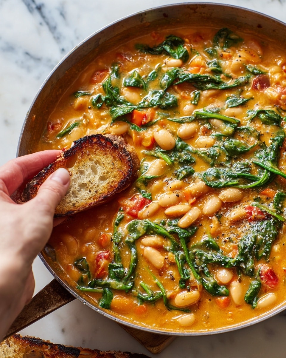 The image shows a thick stew-like dish inside a round metal pan, filled with creamy orange sauce mixed with white beans, wilted green leafy strips on top, and small chunks of red and orange vegetables scattered throughout. The surface is glossy with visible textures of beans and leaves, and a woman's hand is dipping a piece of toasted bread with a crisp, slightly burnt edge into the stew. The pan is placed on a white marbled surface. Photo taken with an iphone --ar 4:5 --v 7