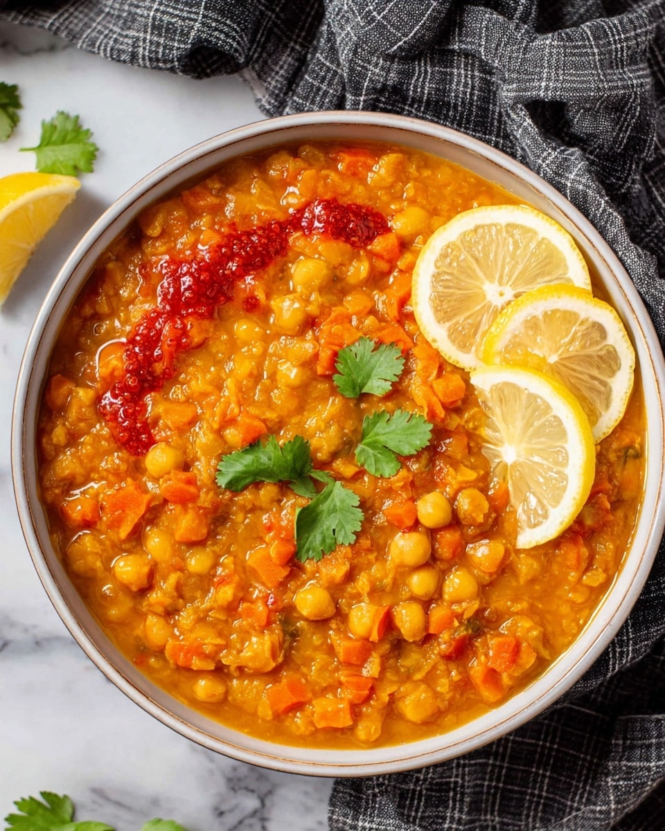 A collage of six images showing the cooking process inside a black pot with red handles on a stove. The first image shows three layers of raw diced vegetables: white onion to the left, orange carrot on the top right, and green celery on the bottom right. The second shows these vegetables sautéed with a pile of red chili paste and powder placed in the center. The third image features a red tomato paste or crushed tomatoes spooned on top of the cooked vegetables. The fourth image displays the base along with a mound of orange lentils on the left and a pile of beige chickpeas on the right. The fifth image shows a clear orange broth being poured above the lentils and chickpeas layers. The final image reveals the cooked orange stew topped with a small heap of green chopped fresh herbs in the center, all inside the same pot, resting on a white marbled surface photo taken with an iphone --ar 4:5 --v 7