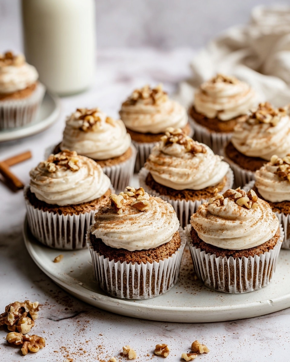 A close-up of a white cupcake liner holding a cut zucchini muffin with a moist, brown crumb textured with small green zucchini bits throughout. The muffin is topped with a thick layer of creamy white frosting, sprinkled lightly with cinnamon powder, and decorated with several pieces of chopped walnuts. The plate underneath is white with a few crumbs and walnut pieces scattered, all set on a white marbled surface. Photo taken with an iphone --ar 4:5 --v 7