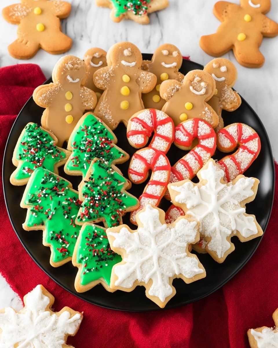 A black plate placed on a red cloth holds four rows of decorated Christmas cookies neatly arranged. The first row has gingerbread men cookies with smooth light brown icing and two small yellow candy buttons in the center. The second row features candy cane-shaped cookies decorated with shiny white icing and bold red stripes, sprinkled lightly with white sugar crystals. The third row shows Christmas tree cookies covered in bright green icing, adorned with tiny red, white, and green round sprinkles, and topped with small yellow star-shaped candies. The fourth row contains large snowflake cookies coated with white icing and decorated with delicate white sugar sprinkles outlining the shapes. The plate is placed on a white marbled surface, with a few extra cookies scattered around it in the background. photo taken with an iphone --ar 4:5 --v 7