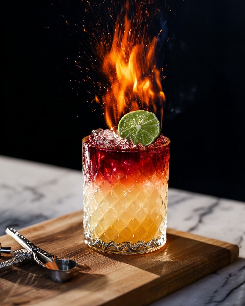 The image shows a layered cocktail in a clear, textured glass filled with ice cubes. The bottom layer is a deep red color, transitioning to a light orange-yellow color in the middle, topped with a pale transparent layer. Sitting on the rim of the glass is a green lime half with its cut side facing up, which is lit on fire creating bright orange and yellow flames and sparks shooting upward. The glass is placed on a wooden surface with some silver jigger tools nearby, all set against a dark black background with a subtle white marbled texture beneath. photo taken with an iphone --ar 4:5 --v 7