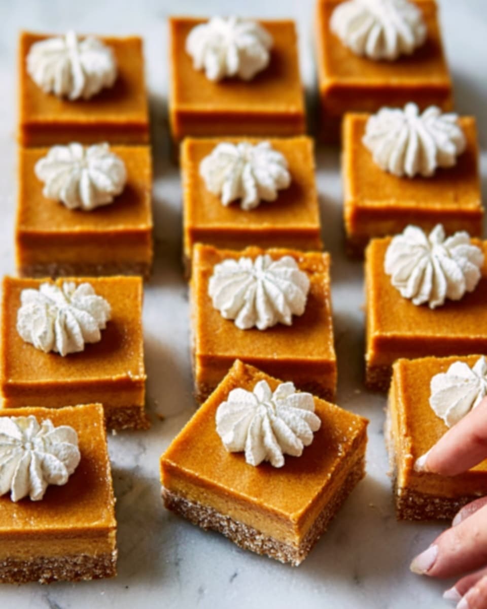 The image shows many square pieces of pumpkin dessert arranged closely on a white marbled surface, each piece having two layers: a thick, smooth, orange pumpkin top layer and a brown, crumbly base layer. On top of each square, there is a small dollop of white whipped cream shaped like a flower, placed neatly in the center. A woman's hand is seen picking up one piece from the bottom of the image. The lighting is soft and natural, highlighting the creamy texture of the pumpkin layer and the crumbly base. photo taken with an iphone --ar 4:5 --v 7