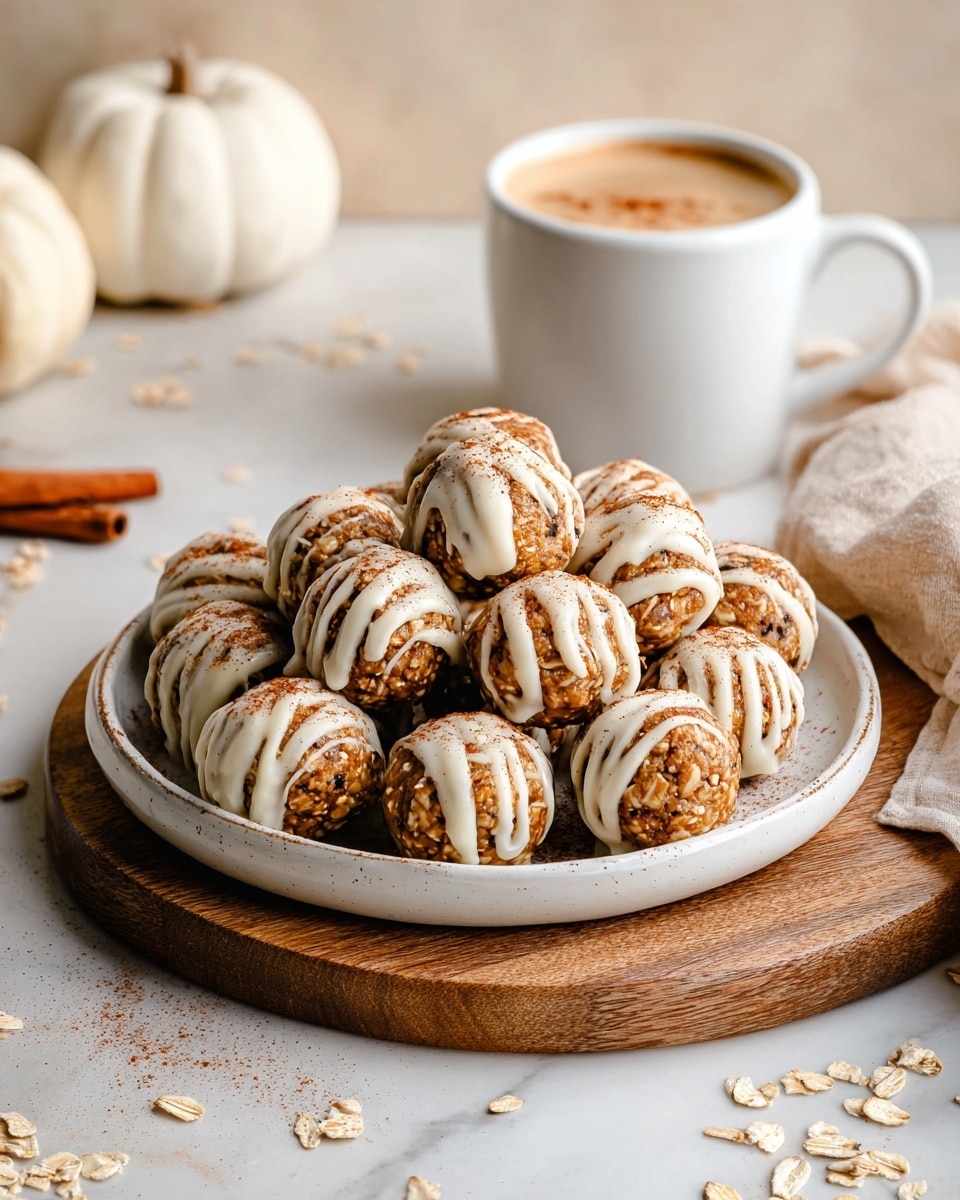 The image shows a white plate filled with about fifteen round energy balls arranged closely together. Each ball is textured with oats and a brown color, partially coated and drizzled with creamy white icing, sprinkled lightly with brown cinnamon powder on top. The plate sits on a wooden cutting board, placed on a white marbled surface scattered with a few oats. In the background, there is a white ceramic cup containing a light brown coffee with foamy milk on top, and two cinnamon sticks beside it. A small white pumpkin is also visible in the soft-focused background. photo taken with an iphone --ar 4:5 --v 7