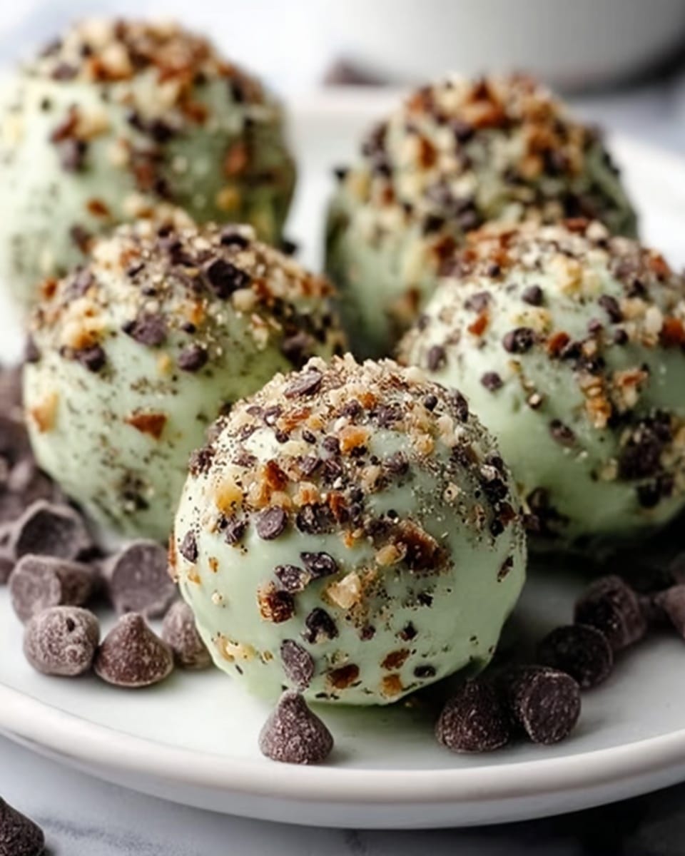 The image shows round mint chocolate chip protein balls with a pale green smooth outer layer filled with dark chocolate chips, giving a soft and glossy texture; the balls also have some crushed chocolate and nut pieces sprinkled on top, creating a slightly rough contrast. One ball is cut open revealing the inside, which is light green with tiny dark chocolate bits scattered throughout, showing a dense and moist texture. The protein balls are arranged closely on a white plate resting on a white marbled surface, highlighting their shiny coating and scattered chocolate chips. Photo taken with an iphone --ar 4:5 --v 7