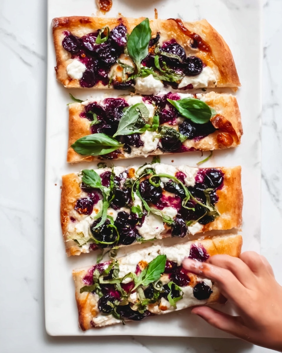 A white round flatbread cut into six long triangular slices is placed on a white marbled surface. The base layer is a golden-brown crust, topped with a spread of bright amber-orange jam and dark purple blueberry sauce that slightly drips on the edges. Scattered across the top are whole blueberries and uneven blobs of creamy white cheese. Fresh green mint leaves and thin mint strips are sprinkled over the pizza for decoration, adding a fresh green contrast. Some honey or syrup is drizzled lightly, creating a shiny texture on parts of the slices. Photo taken with an iphone --ar 4:5 --v 7