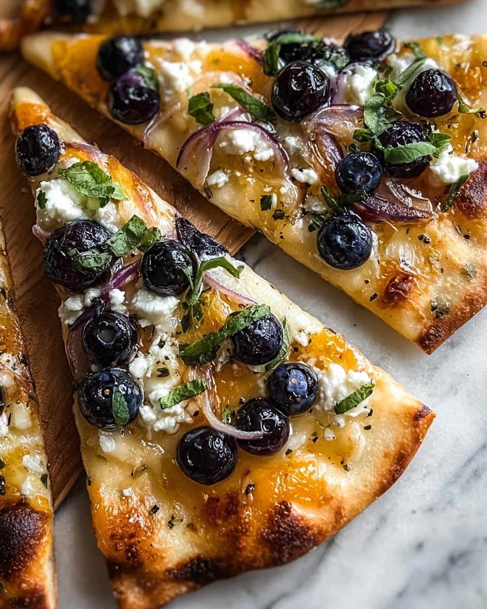 A close-up view of a flatbread pizza with two visible slices placed on a white marbled surface, showing a golden, slightly bubbled crust at the edges; the toppings include a layer of melted cheese with a creamy off-white color, scattered whole blueberries that are deep blue and shiny, small chunks of white goat cheese, thin caramelized yellow-brown onion slices, and green fresh herb leaves sprinkled on top, giving a mix of vibrant colors and textures; the flatbread looks crisp but soft under the toppings, with some herbs and seasoning speckled across it. photo taken with an iphone --ar 4:5 --v 7