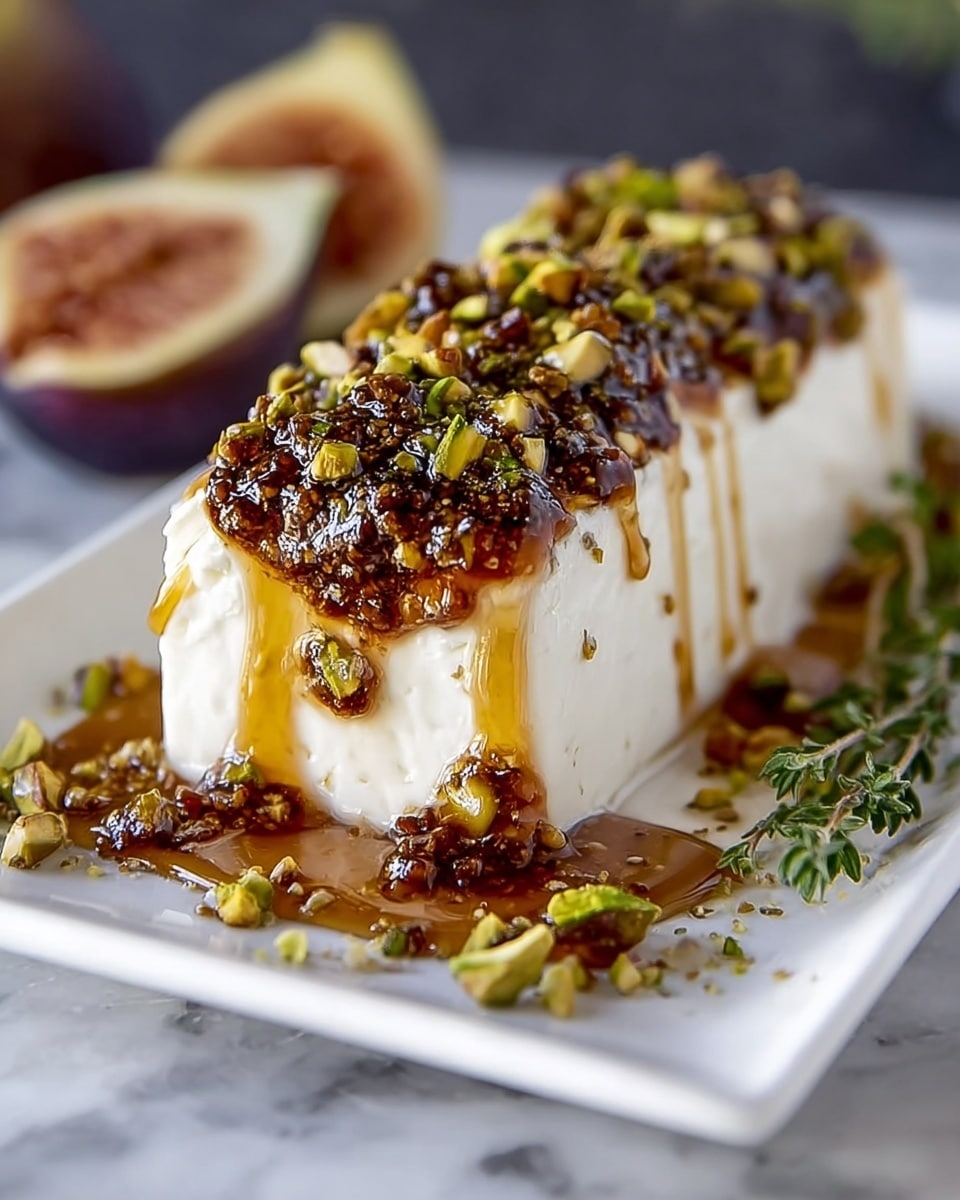 A rectangular block of smooth, white cheese sits centered on a white plate, covered with a thick, glossy layer of dark brown fig jam mixed with small bits of crushed green pistachio nuts. The jam drips down the sides and pools at the base, creating a rich, sticky glaze with scattered pistachio pieces around the plate edges. A blurred fig half is in the background on a white marbled surface, adding depth and natural contrast to the image. photo taken with an iphone --ar 4:5 --v 7