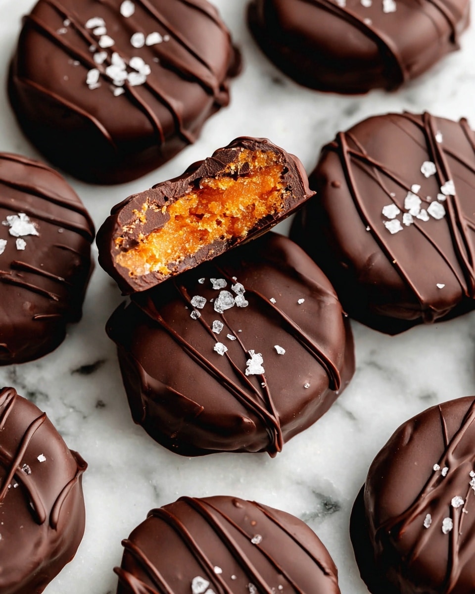 A close-up image shows several round chocolate-covered treats on a white marbled surface. Each treat has a smooth dark chocolate outer layer, some decorated with thin chocolate drizzle lines and small white salt crystals on top. One treat is broken in half, revealing a bright orange, textured filling inside, with a thick chocolate coating surrounding it. The treats are arranged in a scattered way, showing both whole and broken pieces. photo taken with an iphone --ar 4:5 --v 7