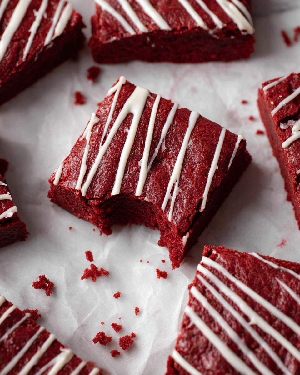 The image shows several square pieces of deep red brownies with a slightly cracked top layer, each decorated with thin, uneven white icing lines drizzled diagonally across the surface. The brownies appear moist and dense with a rich texture, and one piece in the center has a bite taken out of it, revealing the soft interior that matches the deep red exterior. The pieces are placed on white parchment paper on a white marbled surface. Small bits of the white icing are scattered around the brownies. Photo taken with an iphone --ar 4:5 --v 7