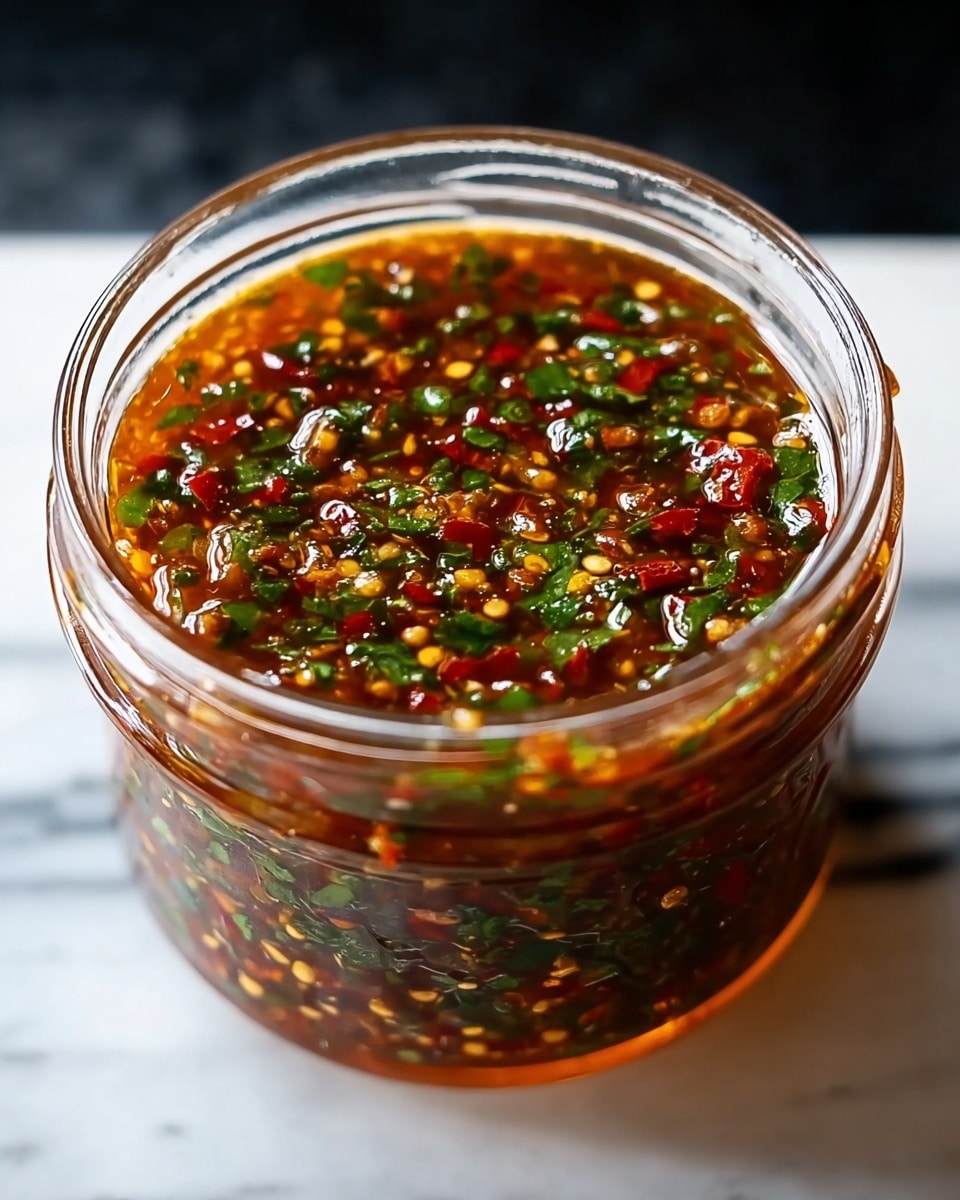 A clear glass jar is filled with a thick sauce that shows many layers of texture and colors. The base layer is a rich brown liquid with small bits of white garlic and green herbs scattered throughout, giving a speckled look. Sitting on top, a fine mix of bright green herbs and small red chili flakes float evenly, making the surface look fresh and lively. The sauce appears shiny with a slightly oily finish, and the jar is placed on a white marbled textured surface, enhancing the natural colors of the sauce inside. photo taken with an iphone --ar 4:5 --v 7