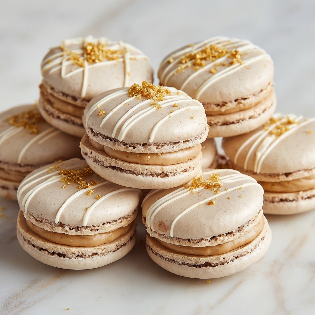 The image shows rows of round brown cookies placed on a baking sheet lined with brown parchment paper on a white marbled surface. Each cookie is two layers: the base is a smooth, shiny brown cookie, and on top is a thick swirl of light beige creamy frosting. Some cookies have a drizzle of white icing going vertically across them, decorated with small gingerbread man-shaped sprinkles scattered on the icing. To the right is a clear bowl filled with the same small gingerbread man sprinkles, and a piping bag filled with the beige frosting lies nearby. photo taken with an iphone --ar 4:5 --v 7