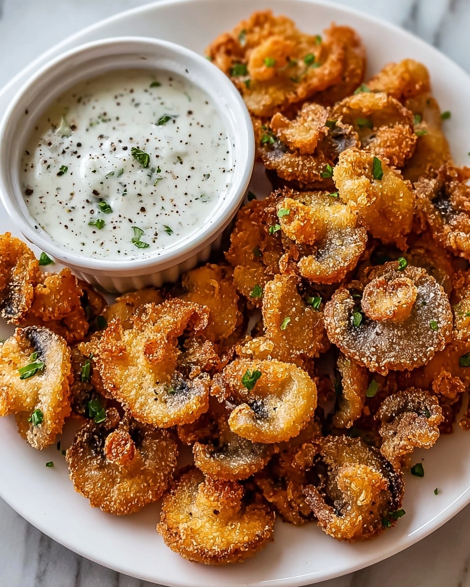 A white plate filled with several golden-brown fried mushroom slices that have a crispy texture and look crunchy. The mushrooms are evenly coated and sprinkled with small bits of green herbs. On the top left of the plate, there is a small white ramekin filled with a creamy white dip speckled with black pepper and green herbs. The dish is set against a white marbled surface. photo taken with an iphone --ar 4:5 --v 7