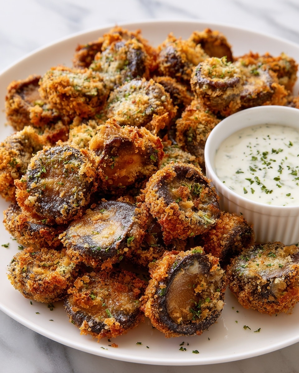 A white plate filled with many small fried mushroom pieces, each coated in a rough golden-brown crispy breading with bits of green herbs sprinkled on top, showing a crunchy texture. The mushrooms are dark brown on the edges with tender lighter brown centers visible beneath the breading. On the upper right side of the plate sits a small white ramekin filled with creamy white dipping sauce speckled with green herbs, contrasting nicely against the warm colors of the mushrooms. The scene is set on a white marbled surface. photo taken with an iphone --ar 4:5 --v 7
