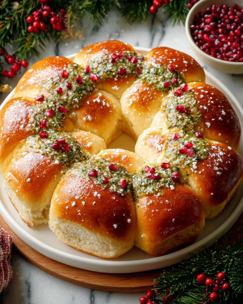 A round bread wreath made of soft, golden-brown rolls arranged in a circle on a white plate, each roll topped with a drizzle of green herb butter and sprinkled with small red bits that look like pomegranate seeds or dried berries, finished off with a light dusting of white powdered sugar. The bread looks shiny and fresh, with a slightly fluffy texture visible on the edges. The plate sits on a white marbled surface with festive decoration, including green pine branches and red berries around it. photo taken with an iphone --ar 4:5 --v 7