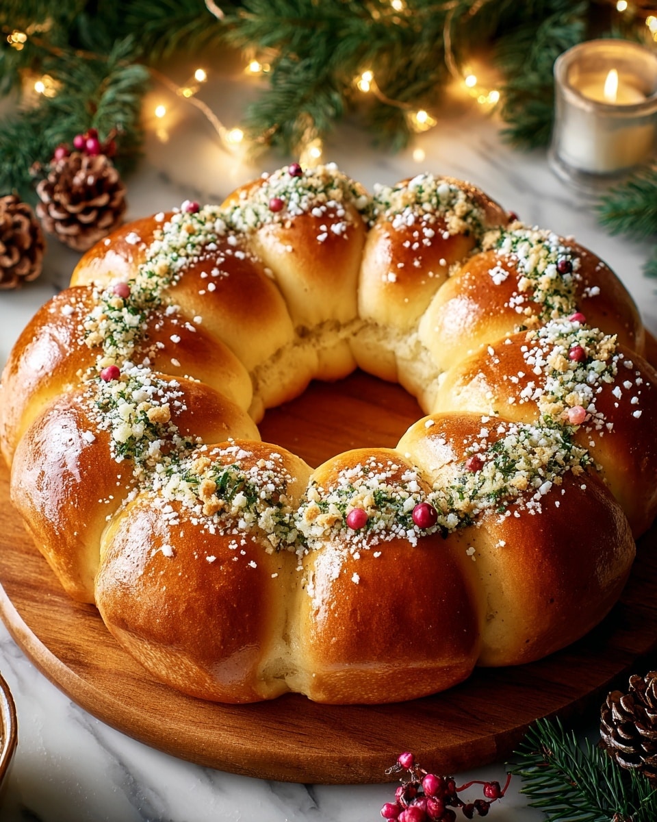 A round wreath made of soft, shiny golden-brown bread rolls arranged closely in a circle on a wooden board. Each roll is topped with a sprinkling of white powdered sugar and small crunchy crumbs. Green herbs and tiny red berries are scattered evenly in the gaps between rolls, giving it a festive look. The wreath sits on a white marbled surface, surrounded by pine branches, pine cones, and soft glowing warm lights. Photo taken with an iphone --ar 4:5 --v 7