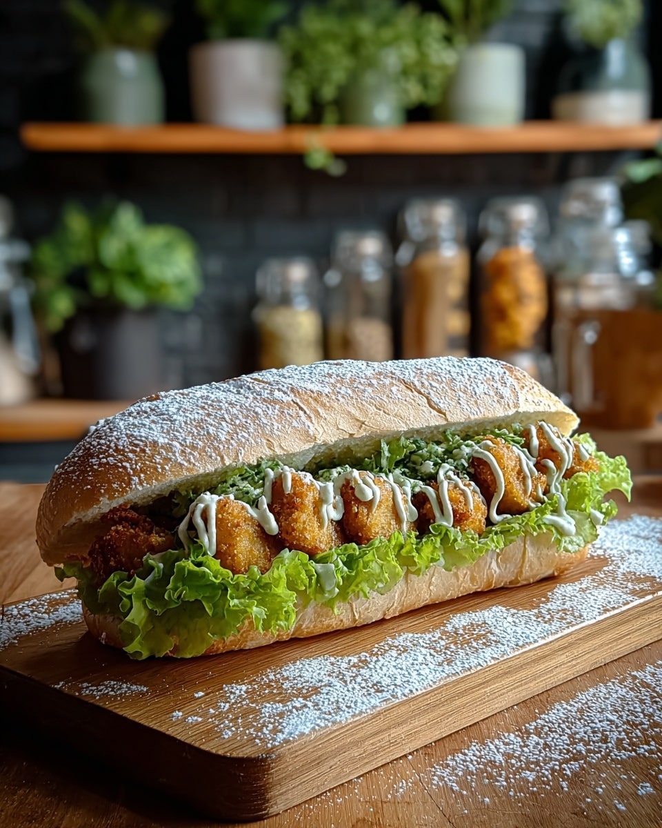 A sandwich is shown on a wooden board with powdered sugar sprinkled around and on the sandwich's top crust. The sandwich has three main layers: the bottom layer is fresh, bright green leafy lettuce, the middle layer is a row of breaded and fried golden brown pieces, and the top layer has a light drizzle of white sauce. The bread is a long loaf with a golden-brown crust and a dusting of powdered sugar on the outside. The background has blurred shelves with jars and green plants. photo taken with an iphone --ar 4:5 --v 7