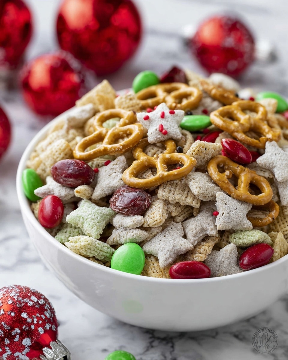 A white bowl is full of a snack mix with three main layers: the bottom layer has light-colored, crunchy cereal pieces shaped like stars and small loops with a powdery coating; the middle layer shows golden-brown pretzels dusted with white powder; the top layer includes shiny, smooth red and green candies and small red and green sprinkles scattered across the mix. The bowl is placed on a white marbled surface with some red and green candies blurred in the background and two red Christmas ornaments with white glitter near the bowl. photo taken with an iphone --ar 4:5 --v 7