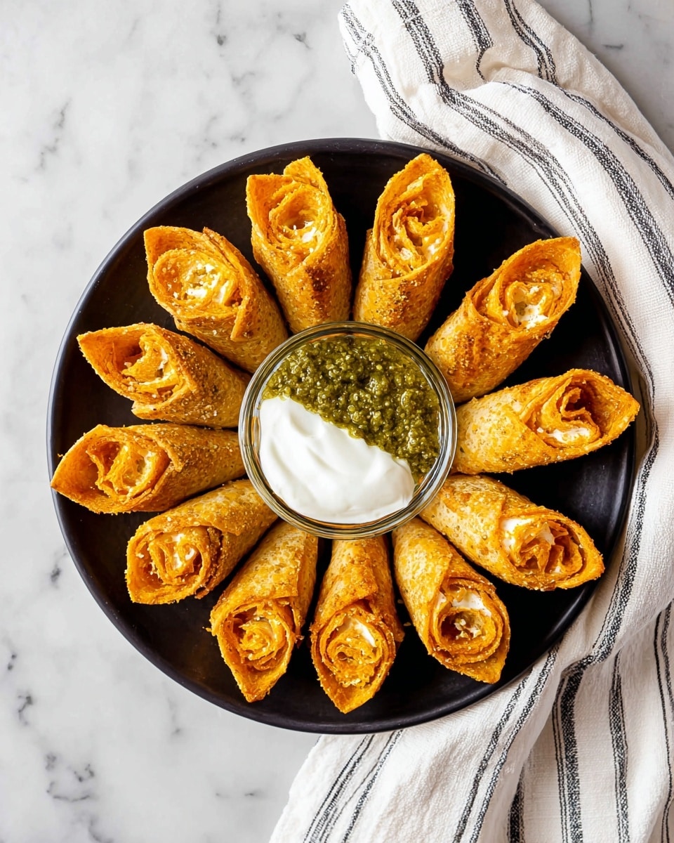 A black plate on a white marbled surface holds fifteen golden-brown rolled snacks arranged in a circular pattern like petals. Each snack has a crispy outer layer with a textured, slightly rough surface and is filled with a creamy, orange and white filling that shows through the open ends. In the center of the plate, there is a small clear glass bowl divided into two sections: one side holds green pesto sauce with a coarse texture, and the other side contains smooth white sour cream. A white cloth with thin black stripes is draped beside the plate. photo taken with an iphone --ar 4:5 --v 7