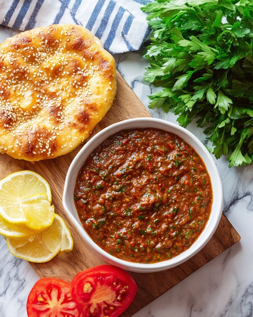 A white bowl filled with a thick, coarse red-brown sauce that has visible small chunks of herbs and spices, placed on a round wooden board. Next to the bowl, there are three thin, vibrant yellow lemon slices arranged slightly overlapping, a bunch of fresh bright green parsley with leafy texture, a golden-brown round flatbread topped with white sesame seeds showing soft yet crisp texture, and two red tomatoes—one whole and one cut in half revealing its juicy seeds and inner structure. The setup rests on a white marbled surface with a blue and white striped cloth partially visible. Photo taken with an iphone --ar 4:5 --v 7