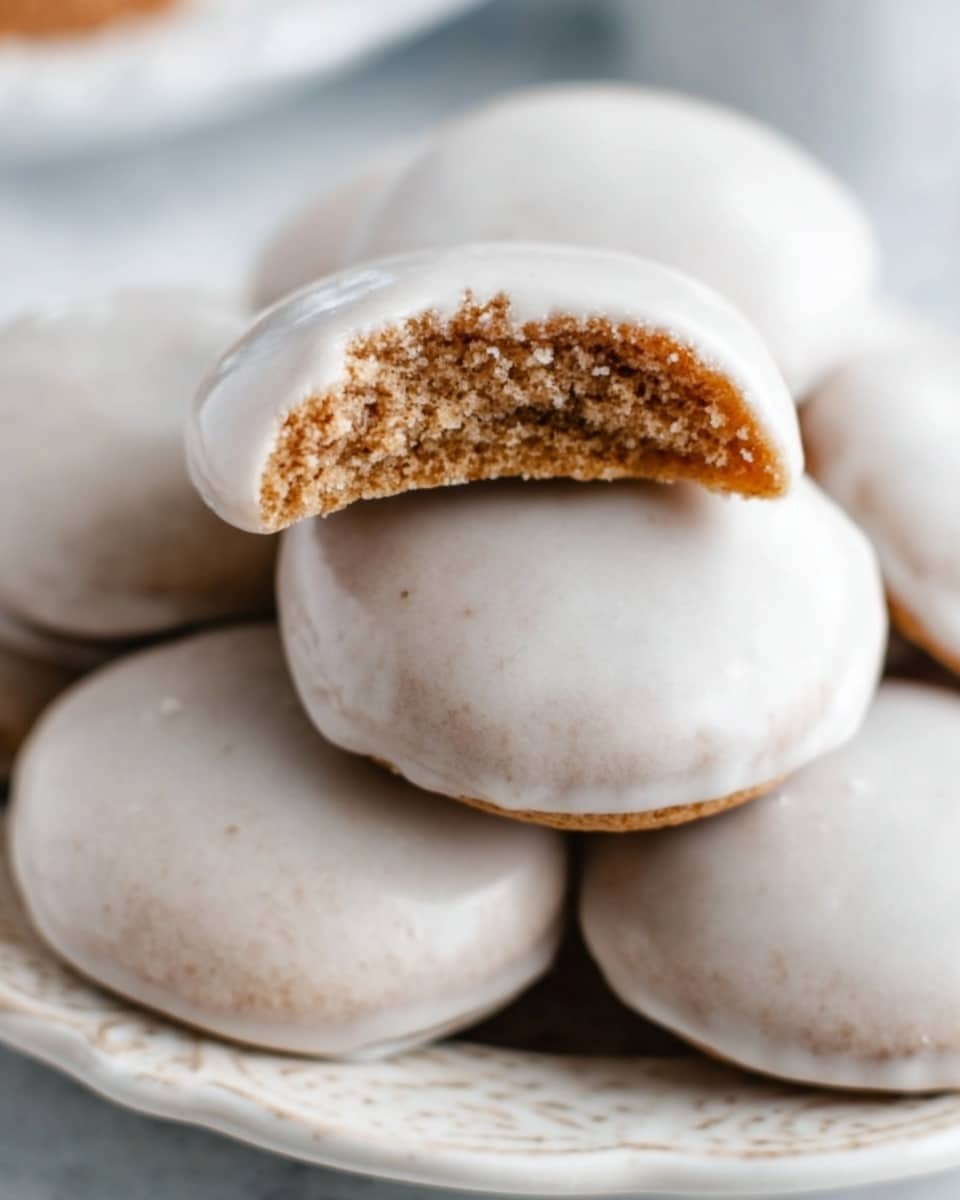 A woman's hand is holding half of a round cookie with a white icing layer on the outside and a brown, slightly crumbly textured inside. Below the cookie, there are many more whole cookies with the same white icing, arranged on a white marbled surface. The cookies are smooth and shiny on top, showing subtle variations in the icing's thickness. Photo taken with an iphone --ar 4:5 --v 7