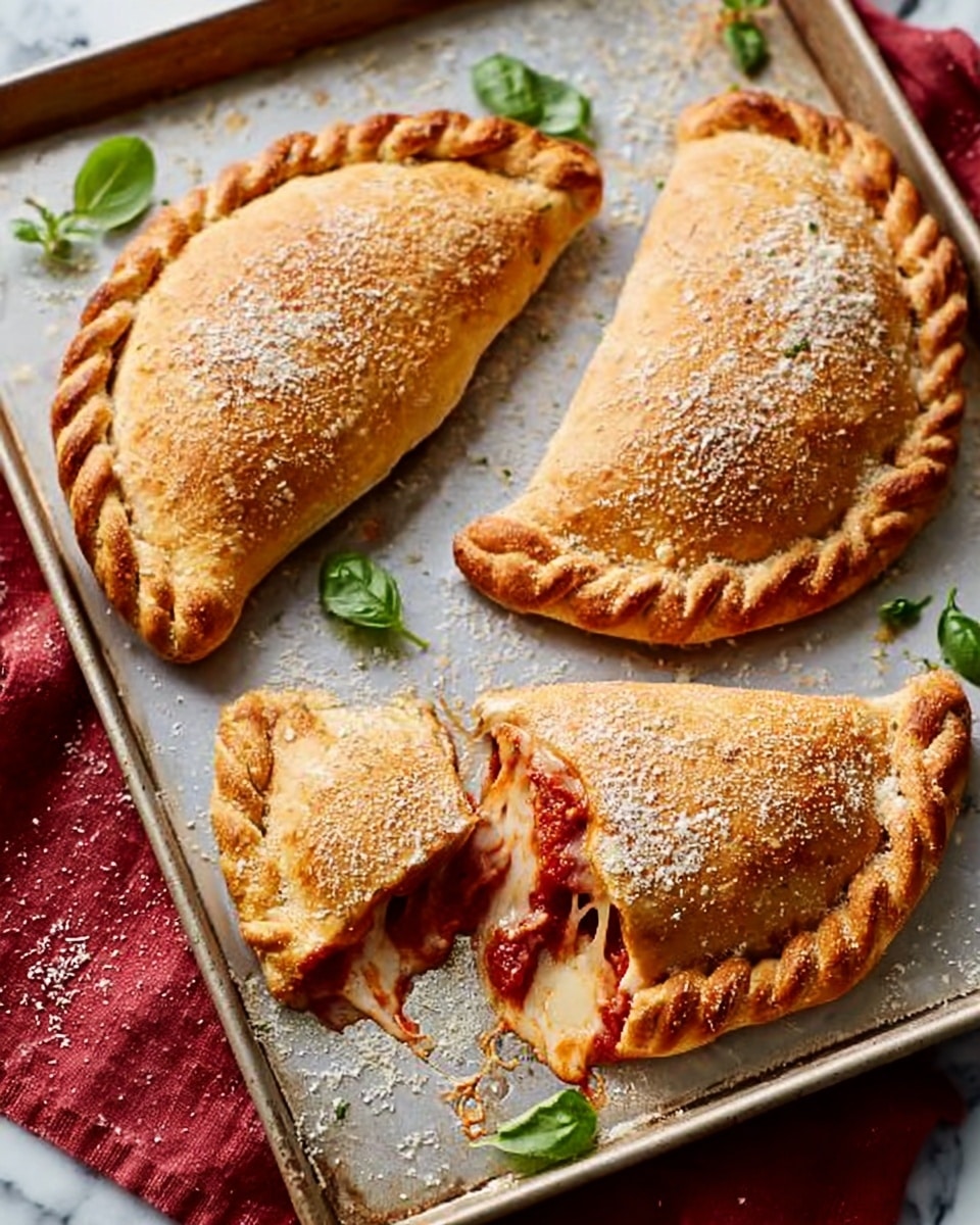 This image shows three baked calzones on a metal baking tray placed on a white marbled surface with a red cloth underneath. Each calzone has a golden-brown crust with a braided edge and a dusting of grated cheese on top. One of the calzones is cut open slightly, revealing a rich filling of melted cheese and red tomato sauce inside. Small green basil leaves are scattered around the tray, adding a fresh touch. The lighting highlights the crispy texture of the crust, making the calzones look hot and ready to eat. Photo taken with an iphone --ar 4:5 --v 7