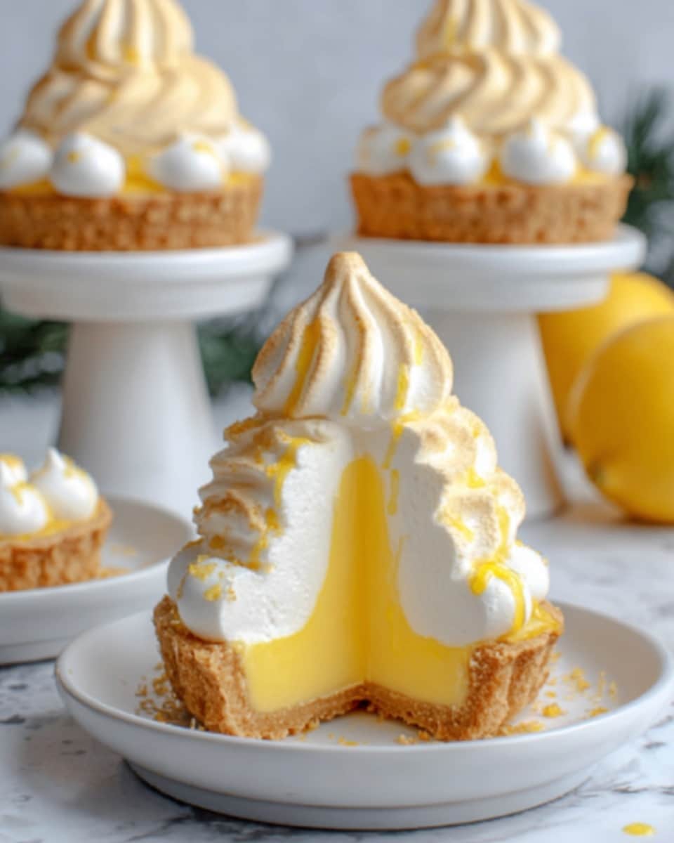 The image shows a small tart with three clear layers, placed on a white plate on a white marbled surface. The base is a golden-brown crust, topped by a smooth bright yellow lemon filling layer. Above the filling, there is a thick layer of white cream with a soft and fluffy texture. On top, there is a large swirl of light cream with a pale yellow color, decorated with small dollops and a drizzle of lemon sauce. In the background, there are three more identical tarts on white stands, slightly blurred. Photo taken with an iphone --ar 4:5 --v 7