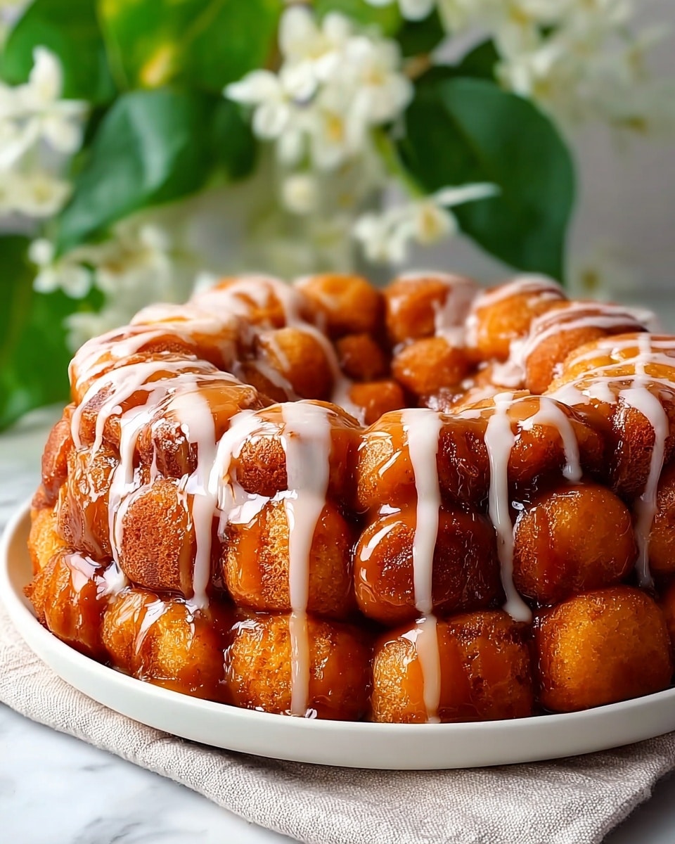 A white plate holds a ring-shaped monkey bread made of many small, soft, golden-brown dough pieces stuck together in two stacked layers, covered with a thick, shiny caramel sauce that drips down the sides and topped with white icing drizzles that create thin stripes over the caramel. The plate sits on a light beige cloth with a blurred background of green leaves and white flowers, all placed on a white marbled surface. photo taken with an iphone --ar 4:5 --v 7