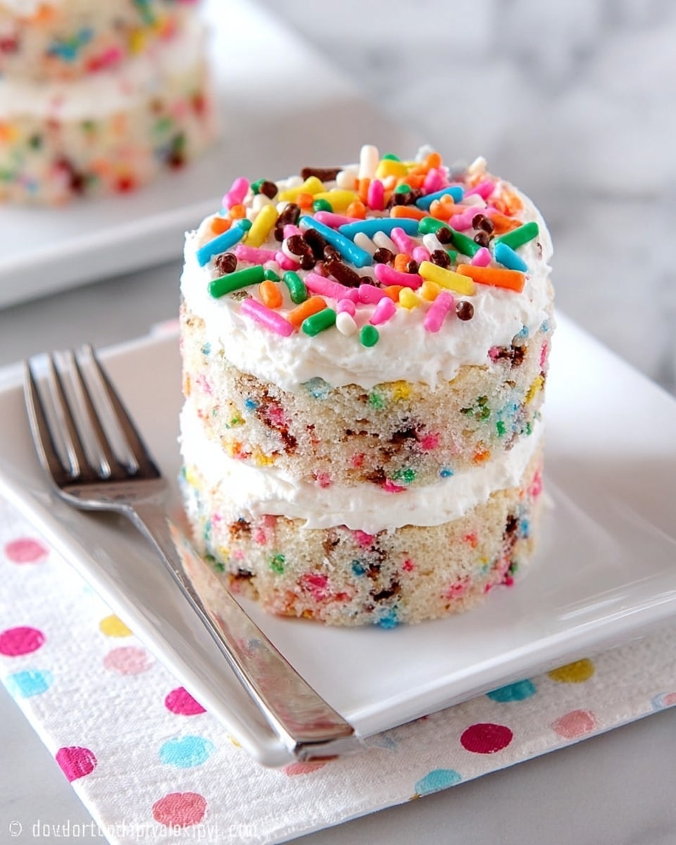 The image shows a small, round, three-layer cake on a white square plate, placed on a white marbled surface. Each cake layer is light-colored with colorful sprinkles mixed inside, giving a fun, confetti look. Between each layer, there is a smooth, white frosting spread evenly. The top layer is covered with a thick layer of white frosting and decorated with more colorful, tube-shaped sprinkles in bright colors like pink, green, yellow, orange, blue, and brown. Next to the plate is a silver fork resting on a polka-dotted white napkin. photo taken with an iphone --ar 4:5 --v 7