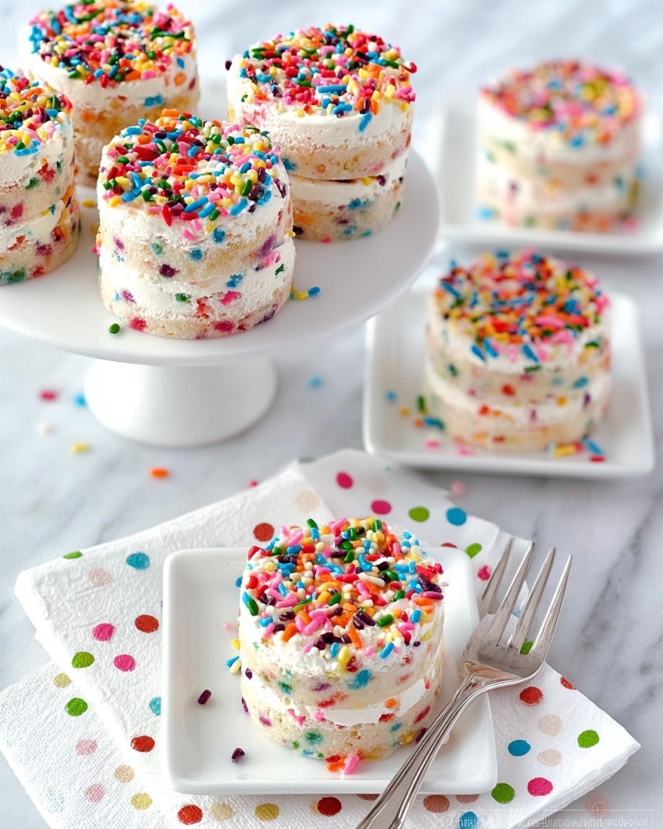 The image shows small, round, layered cakes with three layers each, all stacked on a white cake stand with a white marbled background. Each layer is a light-colored cake filled with multicolored sprinkles inside, giving a fun, speckled look. The top of each cake has a smooth, white frosting layer generously covered with bright, colorful sprinkles in various shapes and sizes. One cake is placed on a white square plate next to a silver fork on a white napkin with multicolored dots. The scene is bright and cheerful, emphasizing the playful colors and textures of the cakes. Photo taken with an iphone --ar 4:5 --v 7