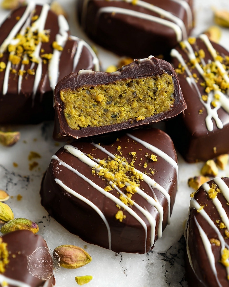 A close-up view of heart-shaped dark chocolate treats on a white marbled surface covered with a printed sheet. Each chocolate has a smooth, shiny dark brown outer layer with thin, light green drizzle lines and a light cream drizzle on top. The inside shows a thick, crumbly golden pistachio filling with a coarse texture. Around the chocolates, there are whole and cracked open pistachio nuts. A white cup with greenish liquid is partially visible in the top left corner. The photo has a warm, inviting feel. photo taken with an iphone --ar 4:5 --v 7