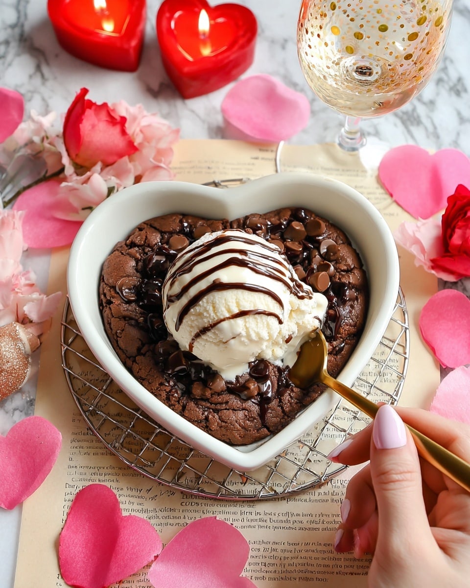 A heart-shaped white dish holds a rich chocolate chip cookie base, dark brown with melty chocolate chips scattered throughout, topped with a round scoop of creamy white vanilla ice cream drizzled with thin lines of dark chocolate sauce. A woman's hand with pale pink nails holds a gold spoon, ready to dig into the dessert. The dish is set on a silver cooling rack over a piece of printed parchment paper. Surrounding the dessert are pink and red heart-shaped paper confetti, two heart-shaped candles—one large red and one small pink—and a glass of sparkling drink with gold dots next to a bottle of champagne on a white marbled surface. Photo taken with an iphone --ar 4:5 --v 7