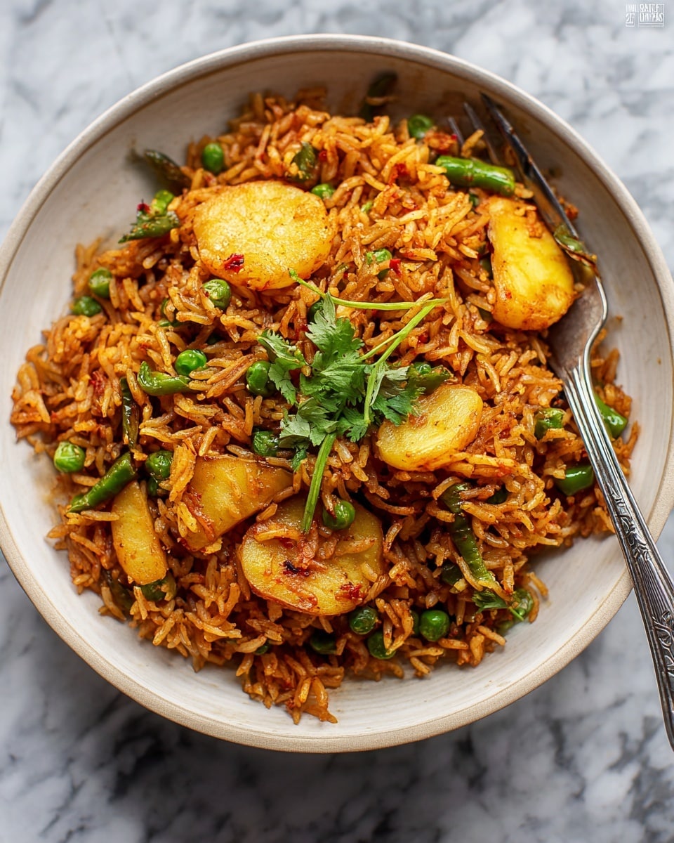The image shows various ingredients arranged neatly on a white marbled surface. At the top center is a white bowl filled with fluffy white basmati rice. Below it, there is a small white bowl holding a chunk of butter and a scoop of ginger-garlic paste. Next to it, a small white bowl contains a deep red chili-garlic paste. To the right are three small white bowls, each holding cumin seeds, dried kasuri methi leaves, and pav bhaji masala powder, with colors ranging from beige seeds, greenish dried leaves to reddish-brown spice. At the bottom right, a large white plate is divided into sections with fresh vegetables: bright green peas at the top left of the plate, bright red chopped tomatoes above them, purple sliced onions just right of tomatoes, light green cabbage shreds at the bottom left, bright green sliced bell peppers at the bottom right, with a small lemon wedge and cilantro in the middle. Photo taken with an iphone --ar 4:5 --v 7