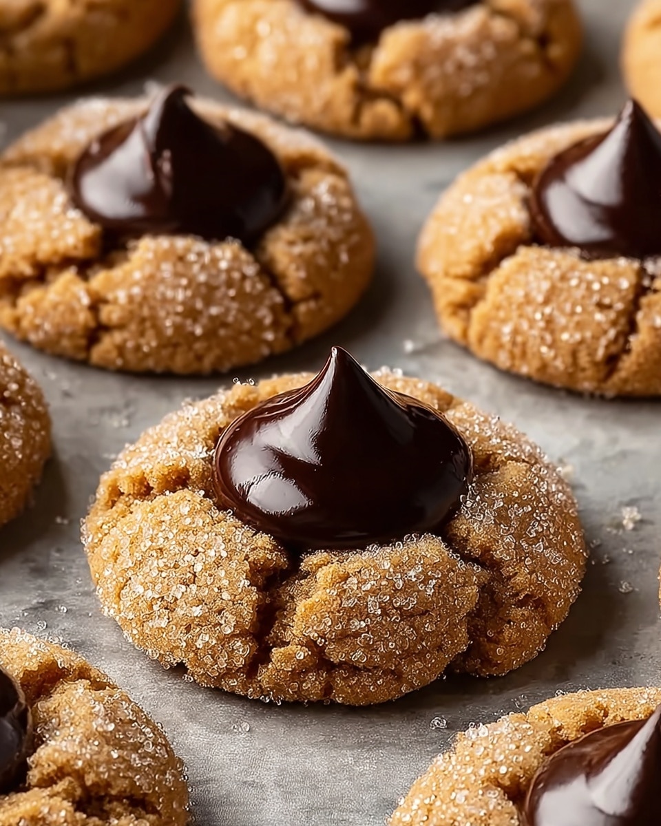 The image shows close-up soft brown cookies covered in sugar crystals, with a shiny dollop of dark chocolate filling on top of each cookie. The cookies have a cracked surface texture and are arranged closely on a baking tray that is on a white marbled surface. The chocolate filling is smooth, glossy, and forms a peak in the center of each cookie. The cookies have a rough, crumbly look with the sugar grains sparkling in the light. The photo focuses on the middle cookie with others slightly blurred in the background. photo taken with an iphone --ar 4:5 --v 7