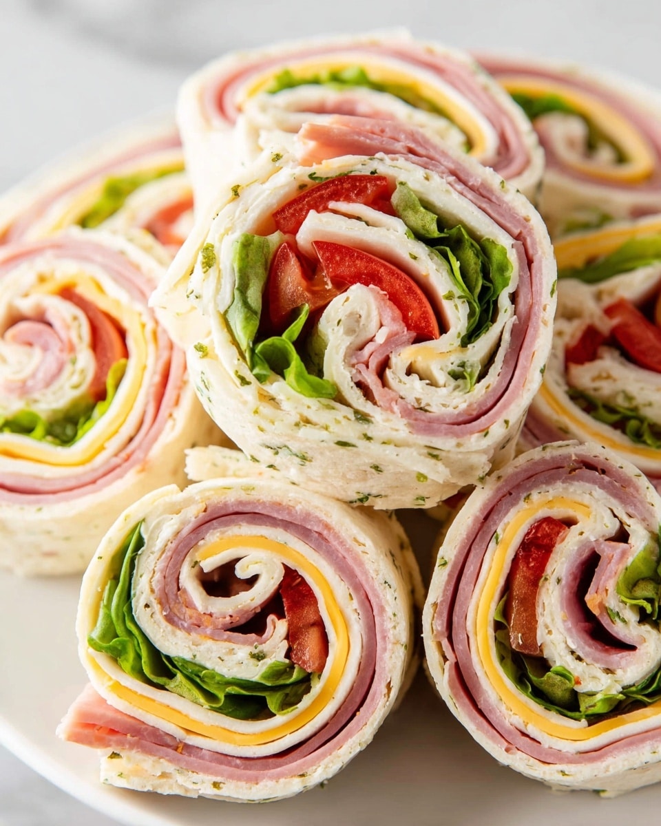 The image shows several rolled tortilla pinwheels placed on a wooden cutting board, each with visible layers. The outer layer is a light beige tortilla wrap with small brown spots, followed by a cream cheese spread layer that looks smooth and white. Inside, there are thin layers of bright pink ham, green leafy spinach, and some pieces of red bell pepper scattered throughout. The pinwheels are arranged in a scattered, casual way with one slice held gently by a woman's hand with a natural skin tone. The background surface is a white marbled texture. Photo taken with an iphone --ar 4:5 --v 7