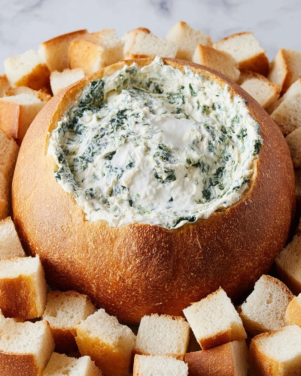 A close-up view of a round bread bowl with a golden-brown crust, hollowed out and filled with creamy white spinach dip mixed with green spinach pieces, the dip has a smooth, slightly chunky texture. Surrounding the bread bowl is a thick layer of evenly cut white bread cubes with soft interiors and light brown crusts, arranged on a surface with a white marbled texture. photo taken with an iphone --ar 4:5 --v 7