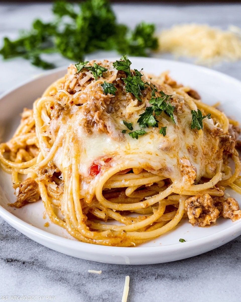A white plate holds a generous mound of spaghetti coated with a creamy, light brown sauce mixed with small bits of meat and chunks of red tomato. On top, a layer of melted cheese blankets the pasta, showing gooey, stretchy texture with some browned spots. Bright green parsley leaves are scattered over the dish, adding a fresh contrast to the warm colors. The plate sits on a white marbled surface with a few small bits of shredded cheese nearby. Photo taken with an iphone --ar 4:5 --v 7