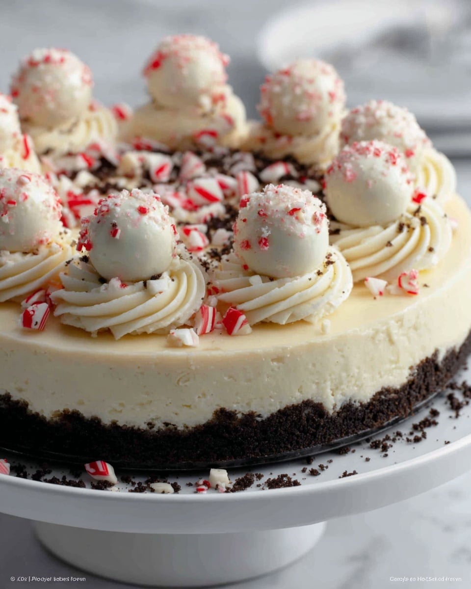A round, creamy cheesecake on a white plate with a dark crumbly crust at the bottom, topped with swirls of white whipped cream evenly spaced around the edge. Each swirl holds a white chocolate ball with red accents. Crushed red and white peppermint pieces are scattered on top, adding bright color and texture against the smooth, pale filling. The background is a white marbled surface. Photo taken with an iphone --ar 4:5 --v 7