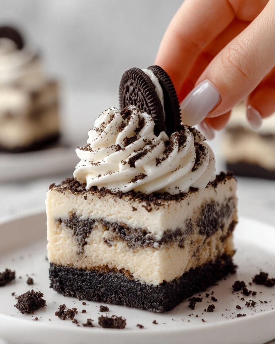 A square piece of layered Oreo cheesecake is shown being gently held by a woman's hand on the right side; it has three main layers: a dark, crumbly Oreo cookie crust at the bottom, a thick creamy off-white cheesecake layer in the middle mixed with Oreo crumbs, and a thinner creamy top layer. On top of the cheesecake is a swirl of white whipped cream sprinkled with crushed Oreo crumbs, and a whole Oreo cookie is placed vertically in the center of the whipped cream. The dessert sits on a white plate, with more Oreo crumbs scattered around. The background is a white marbled texture with another blurred cheesecake piece visible. photo taken with an iphone --ar 4:5 --v 7