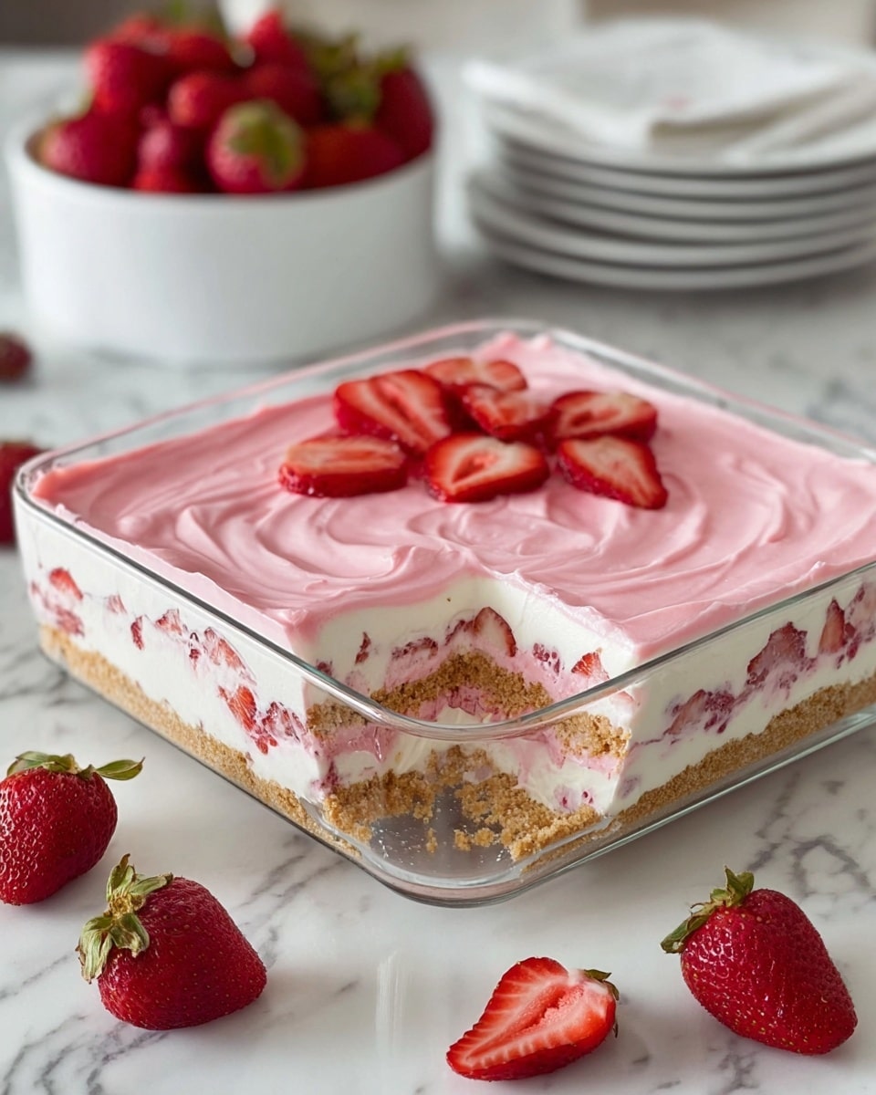 The dessert is in a clear square glass dish with three visible layers. The bottom layer is a light brown crumbly crust, topped by a thick creamy white layer mixed with pieces of red strawberries. Above that is another thin brown crumbly layer, followed by a second thick white cream layer with strawberries. The top layer is a smooth, even pink cream spread across the surface with soft swirling textures. Around the dish are whole and halved fresh strawberries on a white marbled surface, with a white bowl full of strawberries and stacked white plates blurred in the background. photo taken with an iphone --ar 4:5 --v 7
