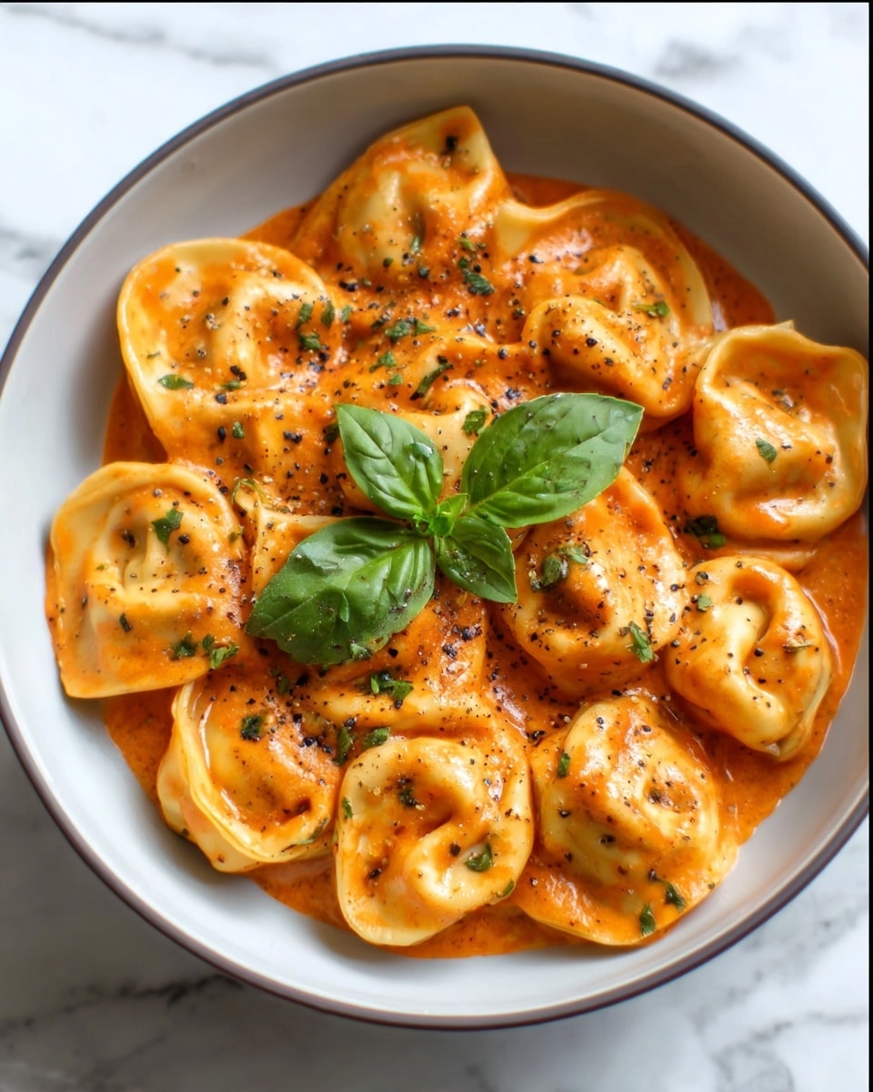 A bowl filled with seven plump tortellini pasta pieces coated in a creamy orange-red tomato sauce, each pasta showing a smooth and soft texture with slight green herb specks throughout. The tortellini are arranged close together in a circular pattern, topped with a sprinkle of black pepper and two fresh bright green basil leaves placed at the center. The bowl is white, placed on a flat surface with a white marbled texture visible around it. photo taken with an iphone --ar 4:5 --v 7
